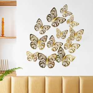 12er-Set goldene 3D-Hohl-Schmetterlinge Wandsticker mit Laserschnitt-Mustern für Schlafzimmer