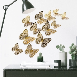 Detail von 12 Stück 3D hohlen goldenen Schmetterling Wandaufklebern mit metallischer Textur