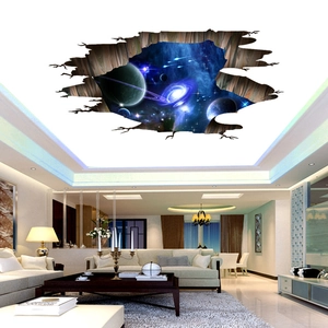 Sticker mural 3D espace galaxie avec planètes à travers un cadre en bois cassé