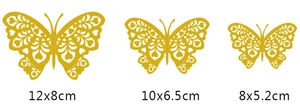 Three sizes of gold hollow butterfly wall stickers with intricate laser-cut heart patterns