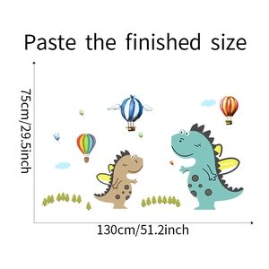 Detail showing cartoon dinosaur wall sticker layout with size 130x75cm for nursery decor