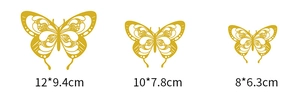 Detailed view of golden hollow butterfly wall stickers in three sizes with laser-cut patterns