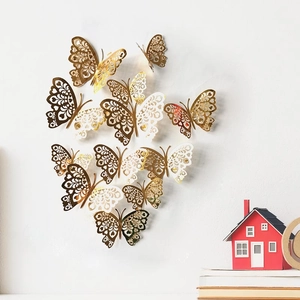 3D hollow gold butterfly wall stickers with intricate laser-cut design for home decor