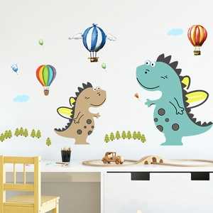 Cartoon dinosaur and hot air balloon wall decals for children's bedroom decor