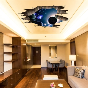 Vue détaillée du sticker mural 3D galaxie avec nébuleuse et Saturne sur le plafond du salon