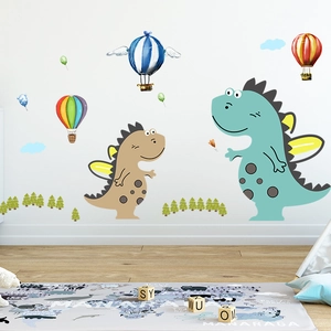 Cartoon dinosaur and hot air balloons wall stickers in a cozy nursery room setting