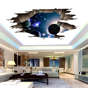 Détail d'un sticker plafond 3D galaxie montrant des planètes et nébuleuses sur PVC