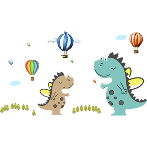 Cartoon dinosaur and hot air balloon wall decals for cute nursery and bedroom decoration