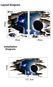 Vue détaillée des stickers 3D galaxie montrant les dimensions et le rendu final spatial