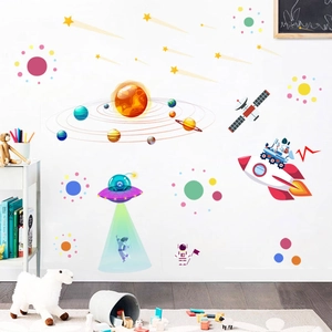 Solar system wall decals featuring UFO and astronauts for kids' bedroom wall decoration