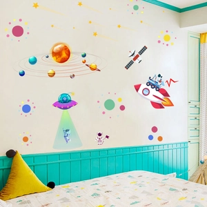 Cartoon solar system wall stickers with astronauts and UFO for kids room decor