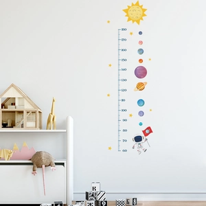 Space themed height growth chart for kids with cartoon astronaut and solar system planets