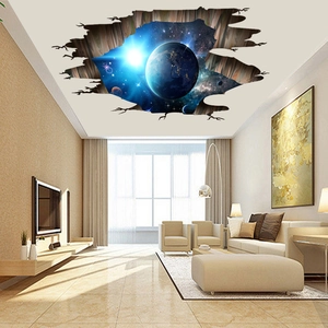 Sticker de plafond 3D galaxie espace avec Terre et nébuleuse pour décor de salon
