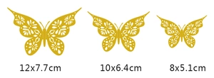 Three sizes of golden hollow butterfly decorations with detailed laser-cut floral patterns