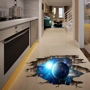 Sticker de sol 3D espace montrant la Terre et la galaxie avec effet de fissure réel