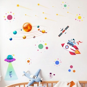 Cartoon solar system wall stickers featuring planets, astronauts, and UFO for nursery decor