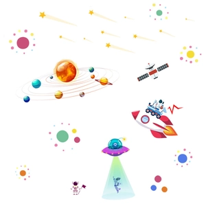 Detail of space-themed wall stickers featuring solar system planets, rockets, and UFOs