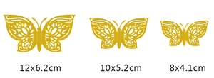 Three gold butterfly wall decals in different sizes with detailed dimensions listed