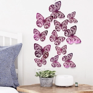 12er Set leuchtend lila 3D Schmetterling Wandaufkleber hohl mit verschiedenen Größen Deko