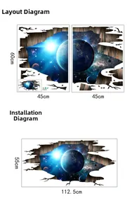 Détail du sticker mural 3D galaxie avec schémas de disposition et dimensions précises
