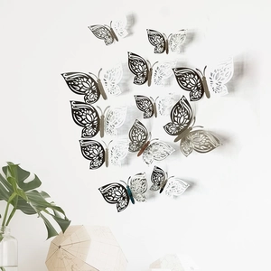 Detail showing set of 12 silver 3D hollow butterfly wall stickers with metallic finish