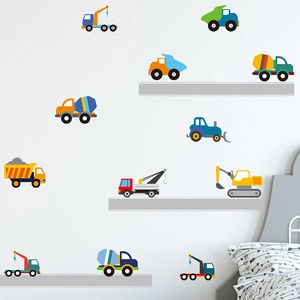 Cartoon construction vehicle wall stickers featuring excavators and cranes for kids rooms