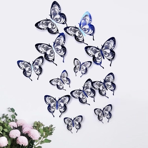 Detailed view of hollow blue 3D butterfly wall stickers with metallic gradient texture