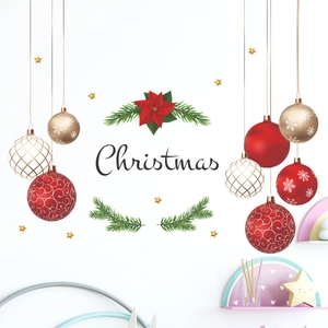 Stickers muraux de Noël avec boules rouges et dorées, aiguilles de pin et texte festif
