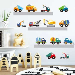 Cartoon construction vehicle wall stickers set for kids bedroom with colorful cranes and excavators