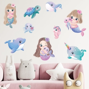 Stickers Muraux Dessin Animé Sirène Baleine Tortue de Mer Hippocampe pour Chambre d'Enfant Fille PVC Imperméable Thème Sous-Marin Décoration Maison DIY