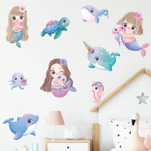 Stickers muraux sirène et animaux marins pour chambre d'enfant et décoration de fille
