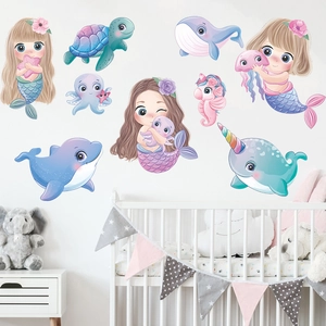 Stickers muraux sirène et animaux marins pour chambre de fille en PVC imperméable