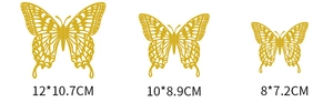 Detailed size specifications of hollow golden paper butterflies in three various dimensions