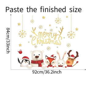 Detailed dimension guide for Christmas animal wall stickers showing 92x84cm coverage area