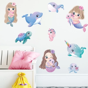 Stickers muraux sirène et animaux marins pour décoration de chambre de fille