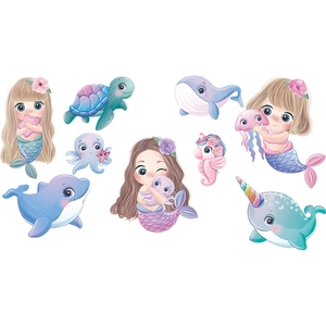 Stickers muraux sirène et animaux marins pour chambre fille aux couleurs pastel doux