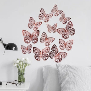 Details von 12 3D hohlen roségoldenen Schmetterling Wandstickern in minimalistischem Dekor