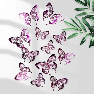 Detailed 3D purple metallic hollow butterfly wall stickers with intricate carved patterns