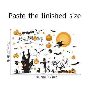 Detail view of Halloween wall sticker dimensions showing pumpkin and bat designs
