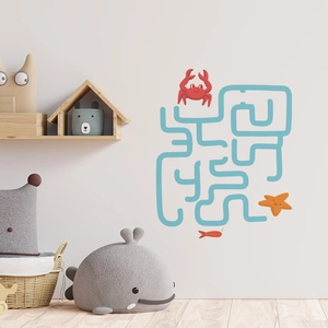 Sticker mural labyrinthe marin avec crabe et étoile de mer pour chambre d'enfant