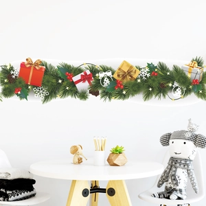 Detailed Christmas wall sticker with pine branches, red gift boxes, and white snowflakes