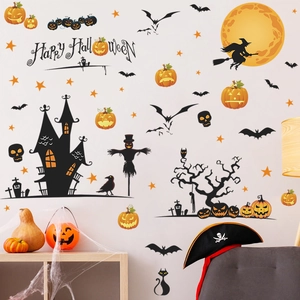 Wall decal set with haunted castle, pumpkin, and bats for Halloween home decoration