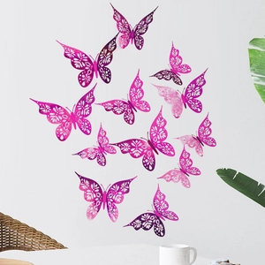 Detailed view of 12pcs 3D hollow butterfly wall stickers with pink-purple gradient effect