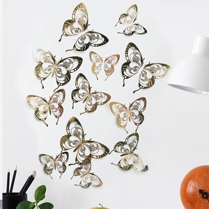 3D hollow gold paper butterflies on wall, elegant DIY home decorative stickers set