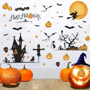 Halloween wall decals set with pumpkin, scarecrow, castle, and bats for festive home decor