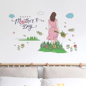 Detail of Happy Mother's Day wall sticker with floral woman illustration in bedroom