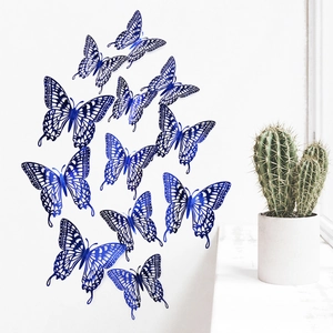 3D hollow blue butterfly wall stickers set with metallic finish on white wall background