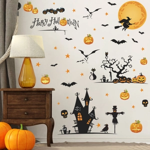 Halloween wall sticker set featuring pumpkin, bats and castle for spooky home wall decoration