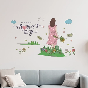 Happy Mother's Day wall sticker with cartoon girl and flowers decoration for living room