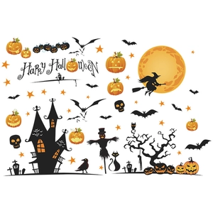 Halloween wall sticker set featuring pumpkins, bats, haunted castle, and scarecrow motifs